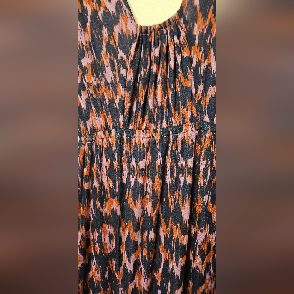 By Anthropologie Purple Printed V- Neck Ruched-Sleeve Mesh Lined Maxi Dress,XSP - Picture 8 of 12